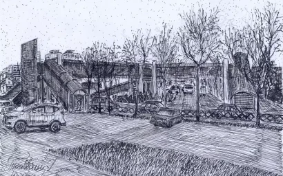 Пешеходный мост. Перо, тушь. Ноябрь 2023г.