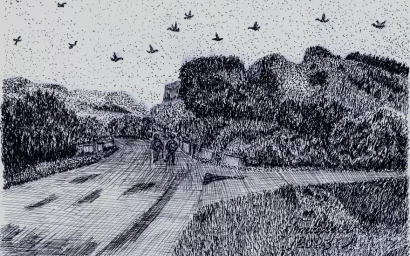 Ущелье Корсунка. Перо,тушь 25.11.2023г.