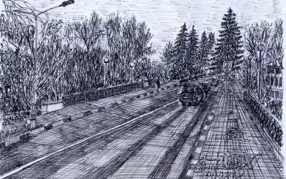 Проспект Победы. Перо, тушь, декабрь 2023 г.