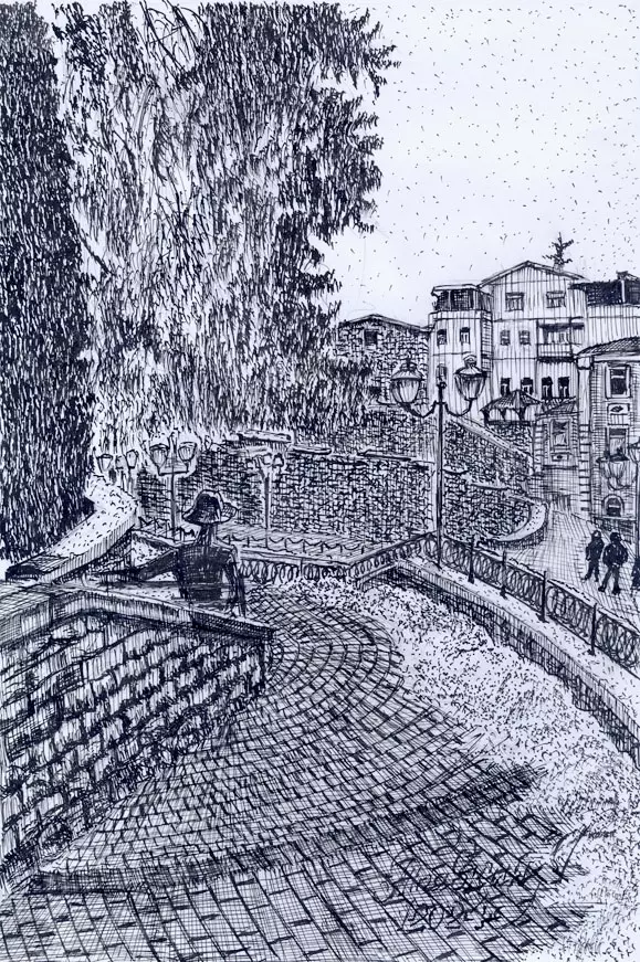 На улице Герцена. Перо, тушь. 3 января 2024 года