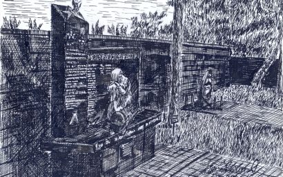 Памятник погибшим  в локальных войнах. Перо, тушь. Март 2025г.